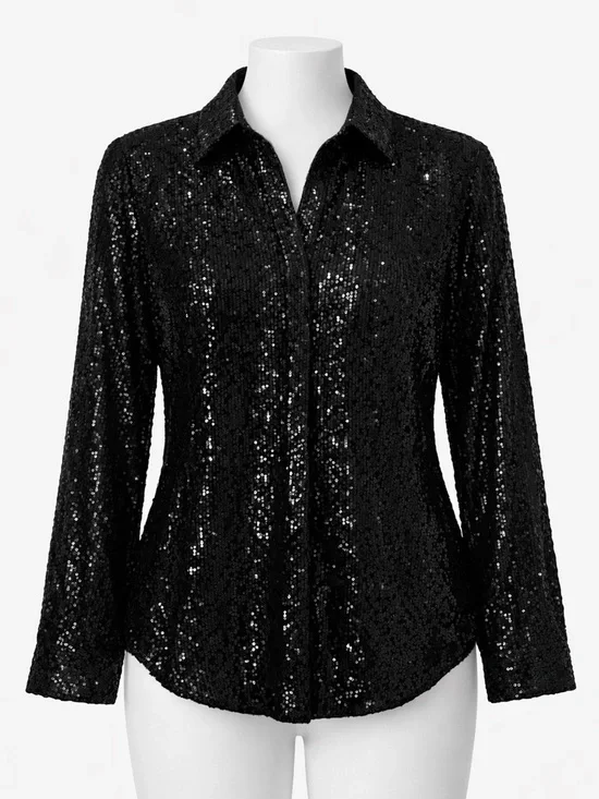 CeCe Black Sequin Button-Down Shirt - Picture 1 of 3